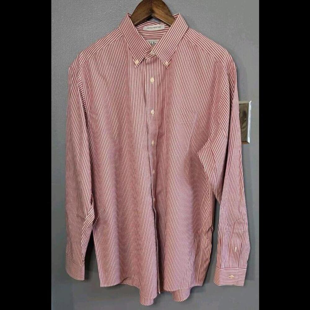 LL Bean Mens Red Striped Short Sleeve Button Down Shirt Wrinkle Resistant Large